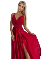 498-4 Dlhé saténové šaty s výstrihom a dvojitými ramienkami - ČERVENÉ