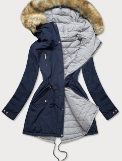 Tmavo modro-šedá obojstranná dámska zimná bunda s kapucňou (W210)