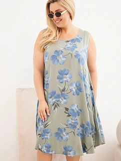 Dámske plus size viskózové šaty s kvetinovým vzorom na khaki ramienkach