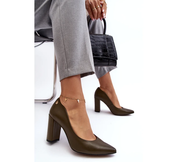 Skórzane Czółenka Na Słupku Laura Messi 2624/227 Ciemnozielone