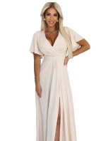 581-6 JENNIFER dlhé šaty s rozparkom na nohách, rukávmi a výstrihom - BEACH