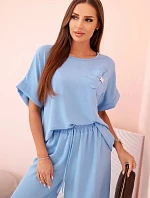 Dámska súprava z viskózy s ozdobným kvetom a širokými nohavicami - modrá