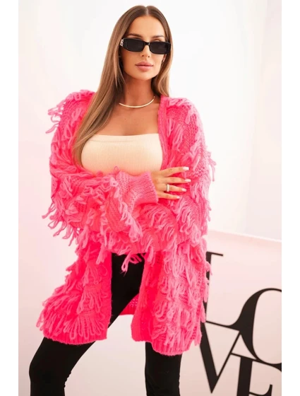 Dámský kardigan s třásněmi a volným střihem neonově růžový