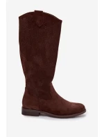 Dámské kozačky s krajkovým vzorem na nízkém podpatku model 22031871 Čokoládové - S.Barski