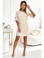 217-10 NEVA Trapézové šaty s rozšírenými rukávmi - béžové s trblietkami 217-10 NEVA Trapézové šaty s rozšírenými rukávmi - béžové s trblietkami