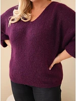 Dámský svetr Plus Size s výstřihem do V a širokým rukávem fialová tmavá Dámský svetr Plus Size s výstřihem do V a širokým rukávem fialová tmavá