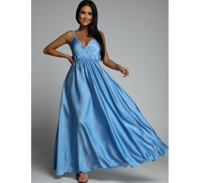 Dlhé modré saténové šaty s ramienkami