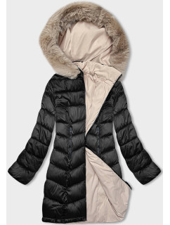 Čierno-béžová dámska zimná obojstranná bunda s kapucňou (B8202-1046)