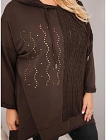 Dámská bavlněná mikina Plus Size s kapucí a pleteným detailem hnědý
