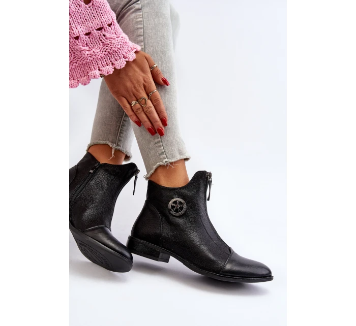 Damskie Botki Na Płaskim Obcasie Z Zamkiem Czarne Loratie Damskie Botki Na Płaskim Obcasie Z Zamkiem Czarne Loratie