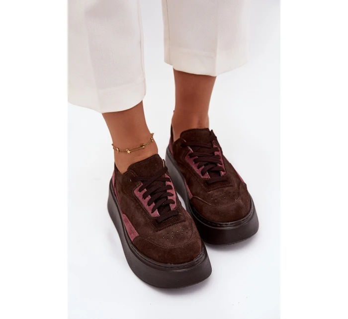 Dámské tenisky z pravé semiše na platformě model 21711179 čokoládové - Zazoo