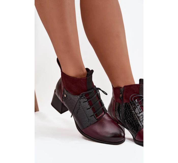 Zazoo 60503 Skórzane Botki Na Obcasie Ocieplane Bordowe