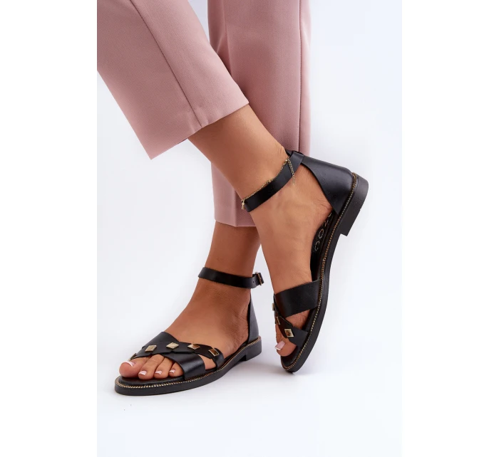 model 21657362 Ploché Dámské Kožené Sandály Černé - Zazoo