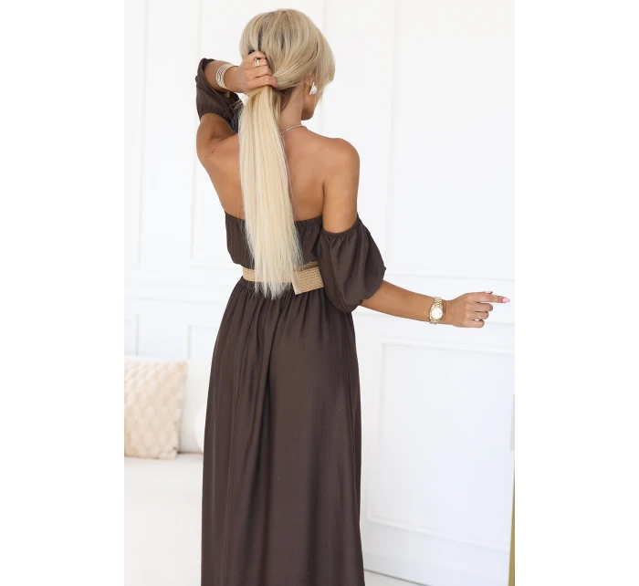 model 21229982 Maxi šaty v boho stylu s odhalenými rameny a páskem CHOCOLATE - numoco basic