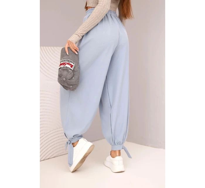 Dámske nohavice so širokými nohavicami a viazaním v spodnej časti džínsovo modré