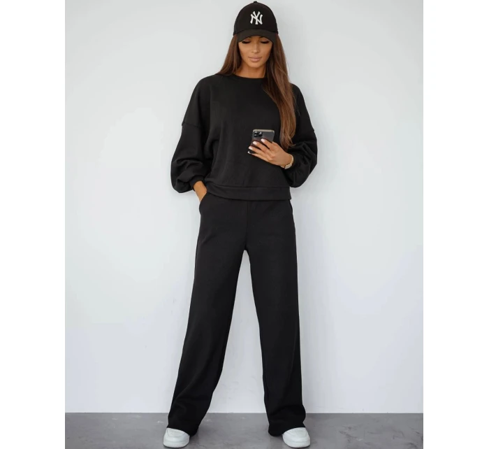 Čierna dámska súprava s vafľovou štruktúrou - mikina a nohavice (821108)