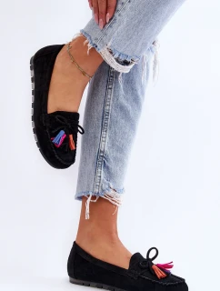 Zamszowe Mokasyny Z Kokardą I Frędzlami Czarne Dorine