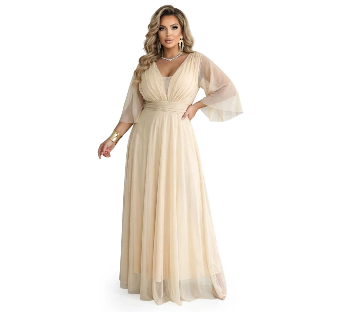 Dlouhé třpytivé plus size šaty s výstřihem a rukávy model 21945491 - numoco basic