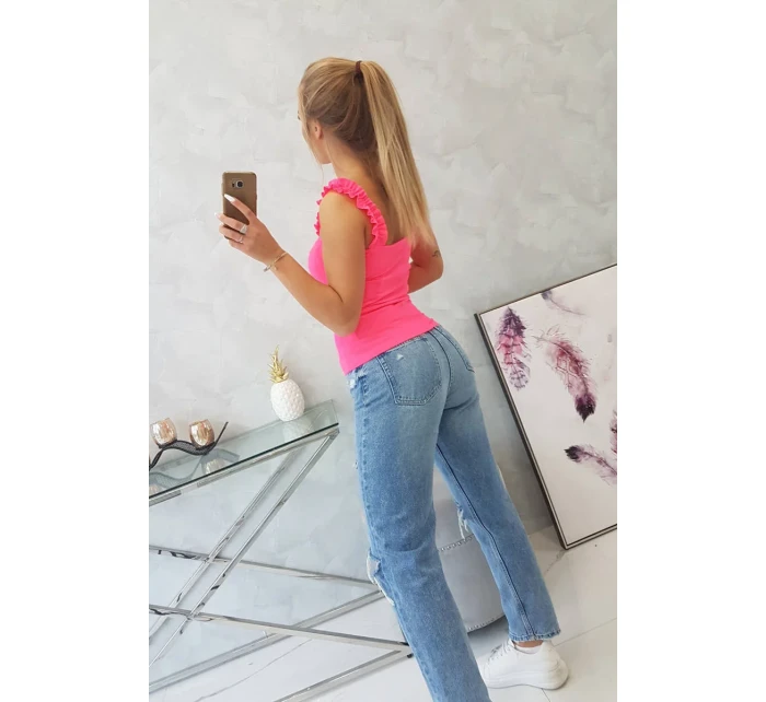 Blúzka s volánikmi bez ramienok ružová neónová