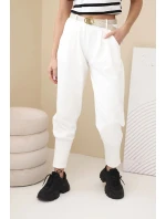 Dámske bavlnené nohavice s vysokým pásom a opaskom ecru