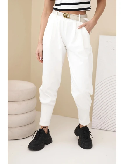 Dámské bavlněné kalhoty s vysokým pasem a páskem ecru