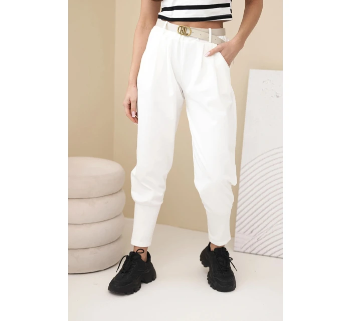 Dámske bavlnené nohavice s vysokým pásom a opaskom ecru