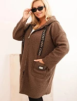 Dámske Plus veľkosť Faux Shearling kabát s kapucňou a vreckami Brown
