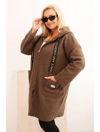 Dámske Plus veľkosť Faux Shearling kabát s kapucňou a vreckami Brown