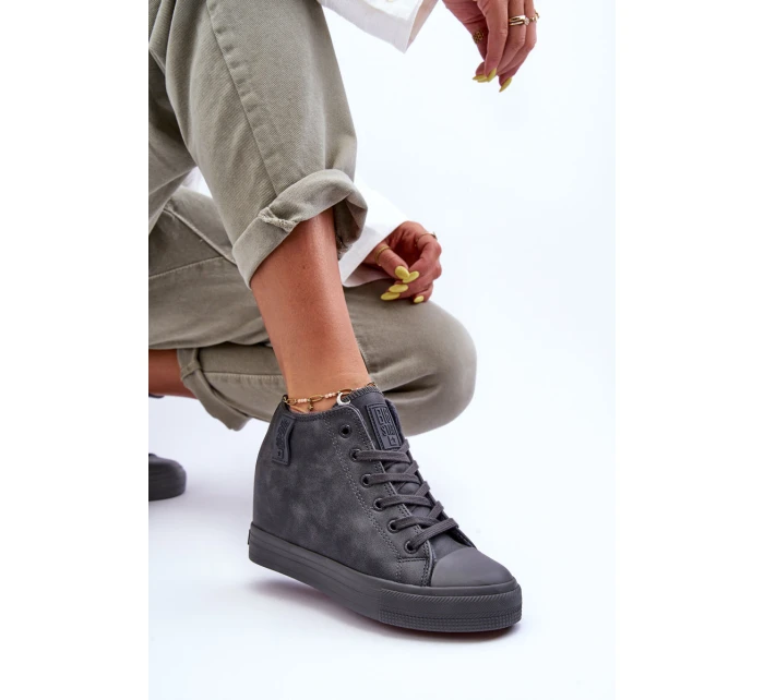 Trampki Skórzane Damskie Na Koturnie Big Star MM274005 Szare Trampki Skórzane Damskie Na Koturnie Big Star MM274005 Szare