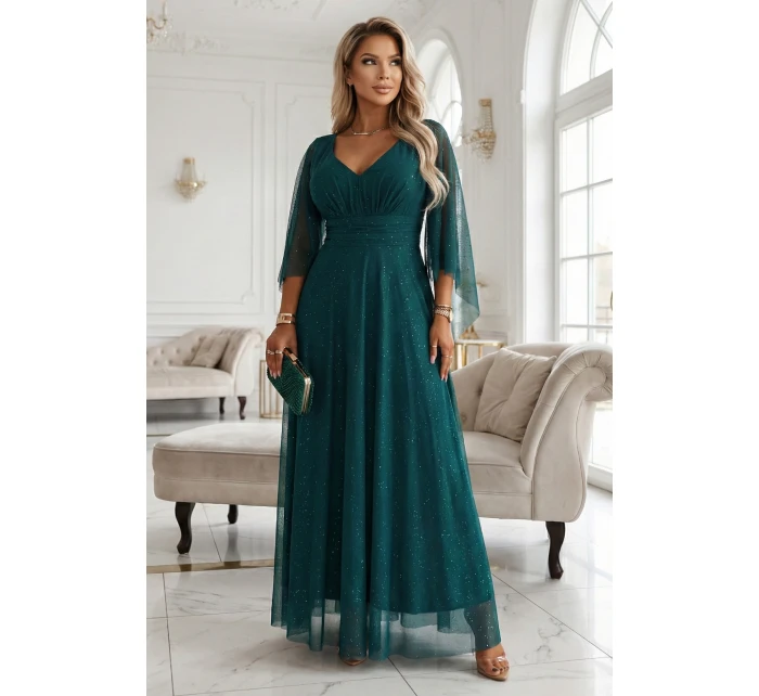 Dlouhé lehké třpytivé šaty s výstřihem a rukávy zelené model 21802212 - numoco basic Dlouhé lehké třpytivé šaty s výstřihem a rukávy zelené model 21802212 - numoco basic