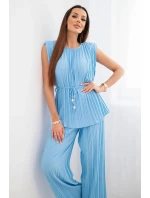 Dámský viskózový model 22203802 komplet se zavazovací halenkou a širokými kalhotami modrý - K-Fashion