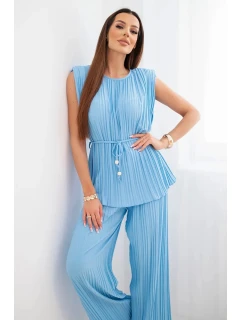 Dámský viskózový model 22203802 komplet se zavazovací halenkou a širokými kalhotami modrý - K-Fashion