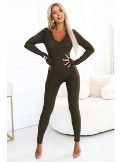 a elegantní dámský žebrovaný overal s výstřihem khaki barva model 21427385 - kocula