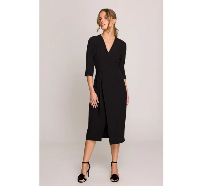 S396 Šaty v strednej dĺžke so zavinovacími detailmi - čierne
