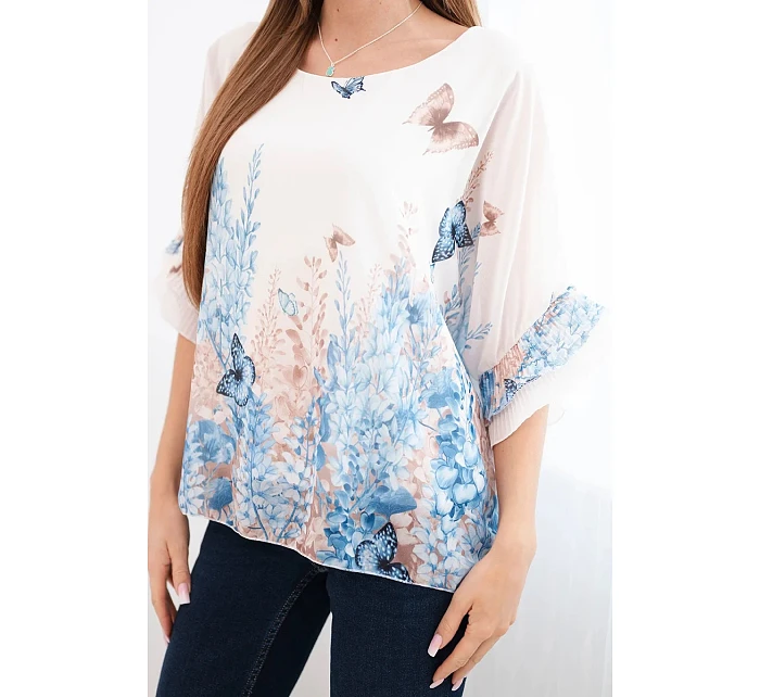 Dámská halenka s plisovaným rukávem a potiskem modrá