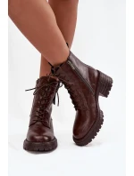 Skórzane Botki Workery Damskie Na Klocku Z Ozdobnym Detalem Artiker 57C0213 Brązowe