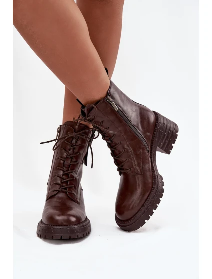 Skórzane Botki Workery Damskie Na Klocku Z Ozdobnym Detalem Artiker 57C0213 Brązowe