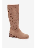 Dámske perforované čižmy na podpätku Helinna - khaki