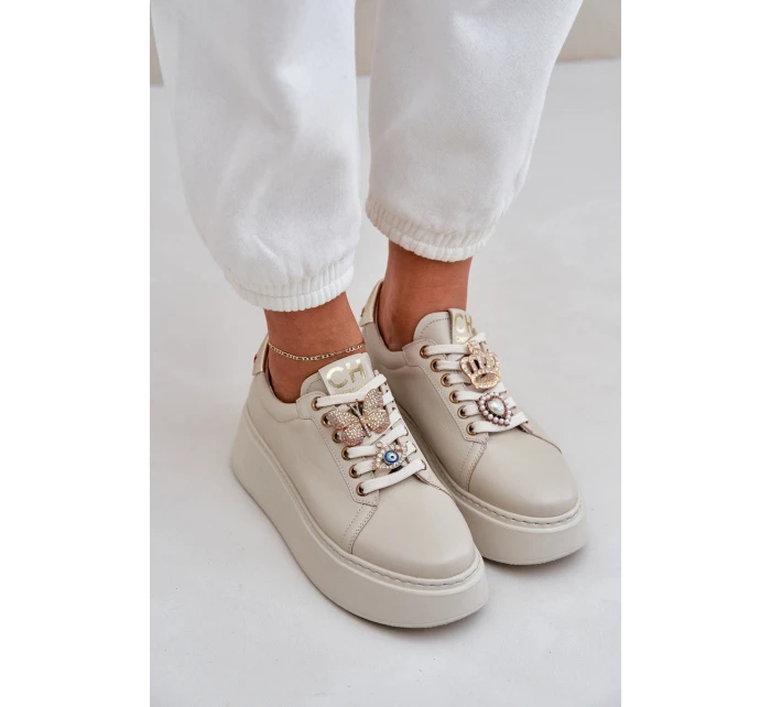 Damskie Skórzane Sneakersy Na Platformie Z Ozdobami CheBello 4292 Jasnobeżowe