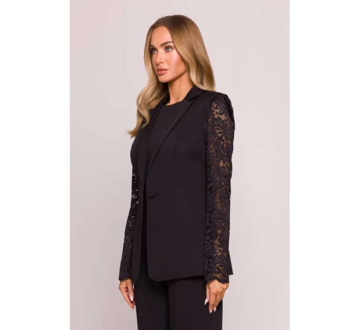 M865 Sako s čipkovanými panelmi a jedným gombíkom - čierne M865 Sako s čipkovanými panelmi a jedným gombíkom - čierne