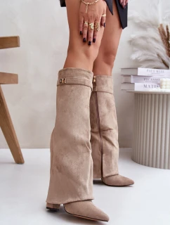 Dámske členkové topánky na podpätku Evyra - béžová, eko semiš