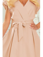 SCARLETT - Rozšírené béžové dámske šaty s preloženým obálkovým výstrihom 348-3