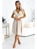 425-7 MATILDE Šaty s výstrihom a krátkymi rukávmi - béžové 425-7 MATILDE Šaty s výstrihom a krátkymi rukávmi - béžové