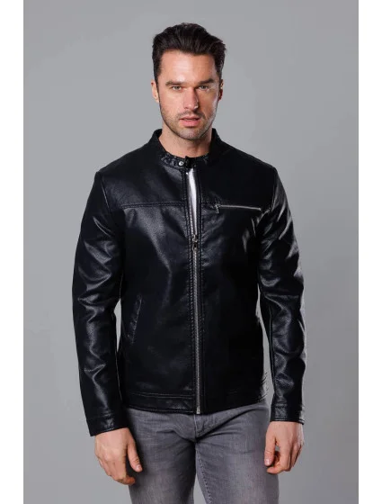 Klasická čierna pánska bunda z eko kože (11Z8025)