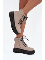 Skórzane Ocieplane Botki Damskie Na Platformie Vinceza 66803 Beżowe