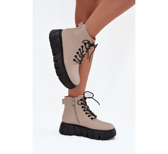 Skórzane Ocieplane Botki Damskie Na Platformie Vinceza 66803 Beżowe