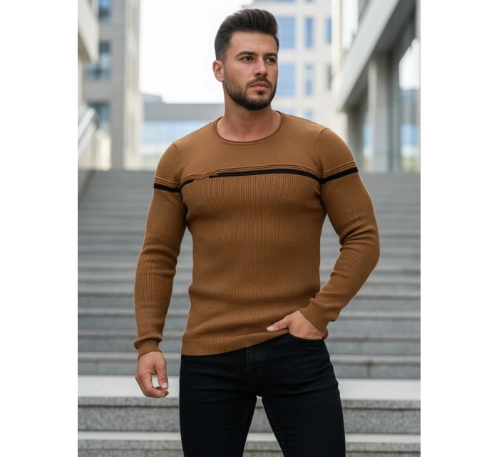 Pánsky sveter ťavej farby cez hlavu FashionStreet WX1625