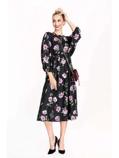 Čierno-ružové dámske kvetinové kimono šaty s okrúhlym výstrihom Ann Gissy (XY202116)