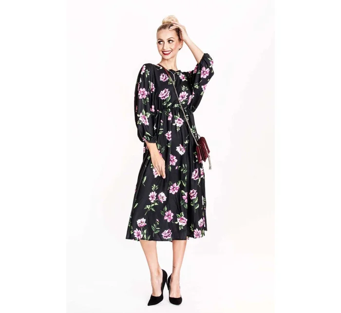 Ann Gissy Kvetinové kimono šaty s okrúhlym výstrihom čierne/ružové (XY202116)