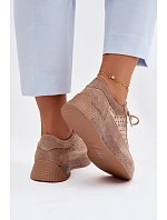 Kožené polobotky sneakers dámské vzorované model 22100638 Světle hnědé - SERGIO LEONE